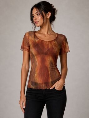 Women's Sheer Short Sleeve Mesh Top in Rust Tie-Dye